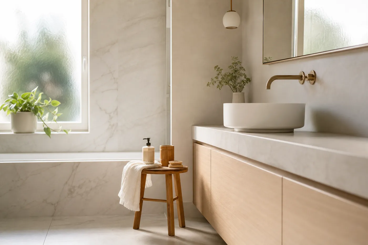 Baño moderno con luz cálida y elementos de bambú