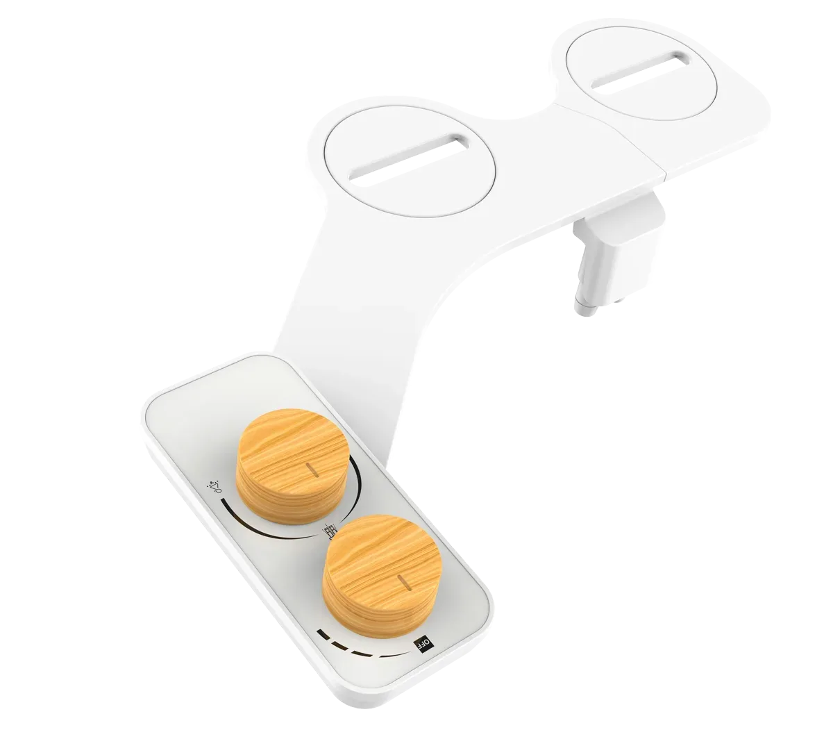 Bidé Horus de frente: cuerpo ultrafino blanco con dos perillas de control de bambú